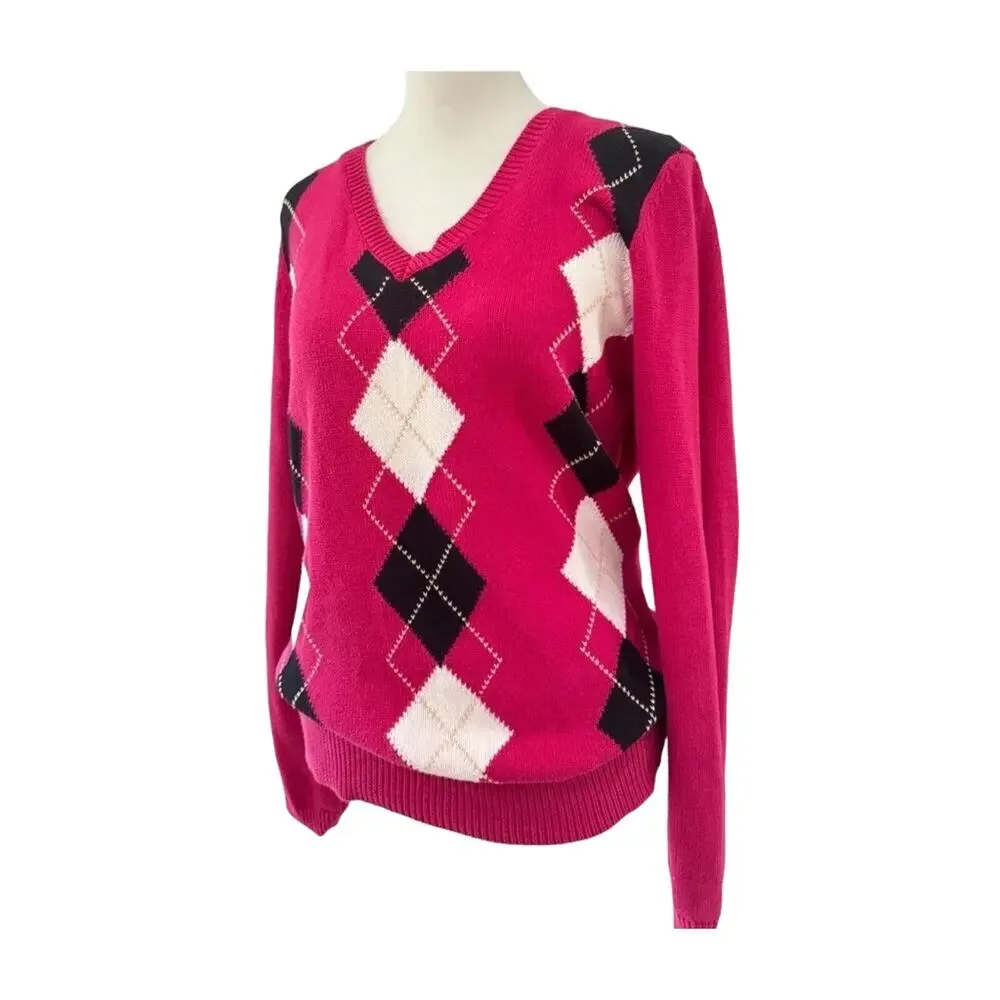 IZOD Golf Argyle V-Neck Sweater Pink Cotton Pullover Women’s Small Size S Preppy - Picture 4 of 5